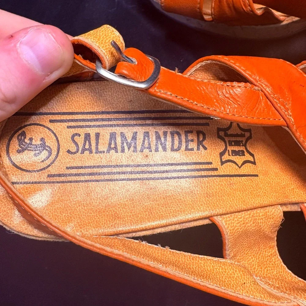 Salamander Orange Leather Strappy Cork Wedge Sandals Womens 7.5 Made‎ in Germany